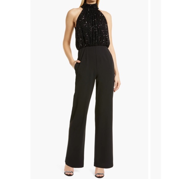 Eliza J halter neck sequin top black jumpsuit - Picture 1 of 3